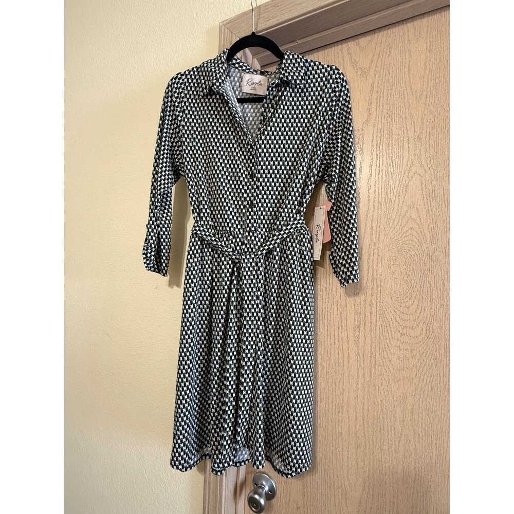 Remplie Geometric Print Shirt Dress ,Size Large , Black & White, Tie Waist, New